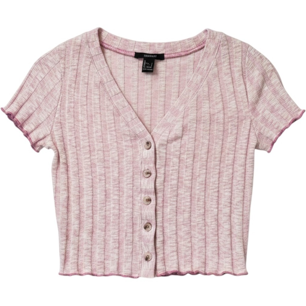 Forever 21 Pink Marl Ribbed Short Sleeve Button Front Crop Top Lettuce Trim S